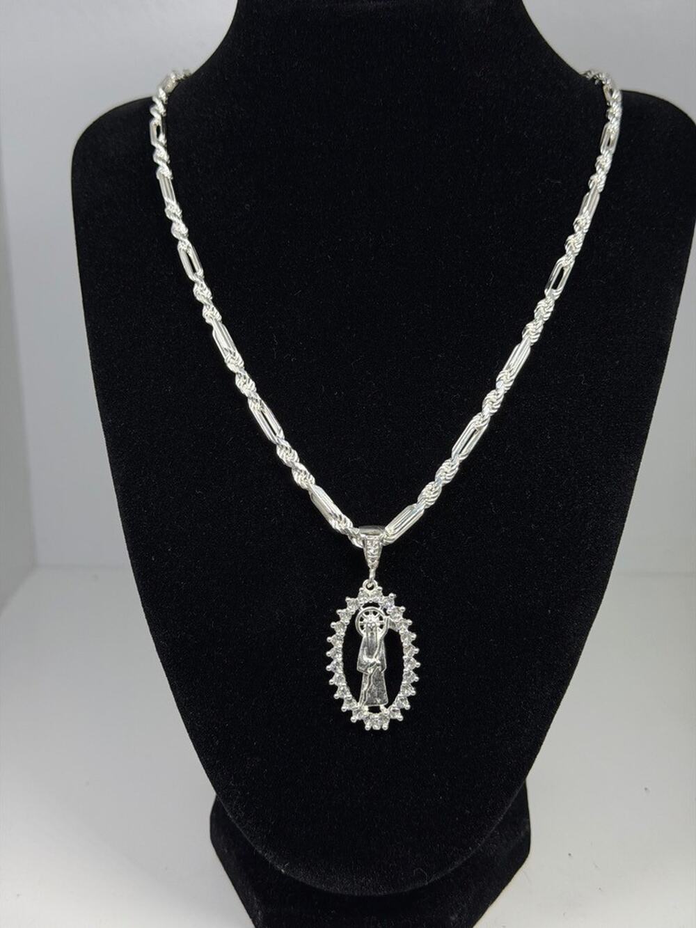 Italian Sterling Silver925 Santa Muerte Pendant Necklace 19 Inch Chain